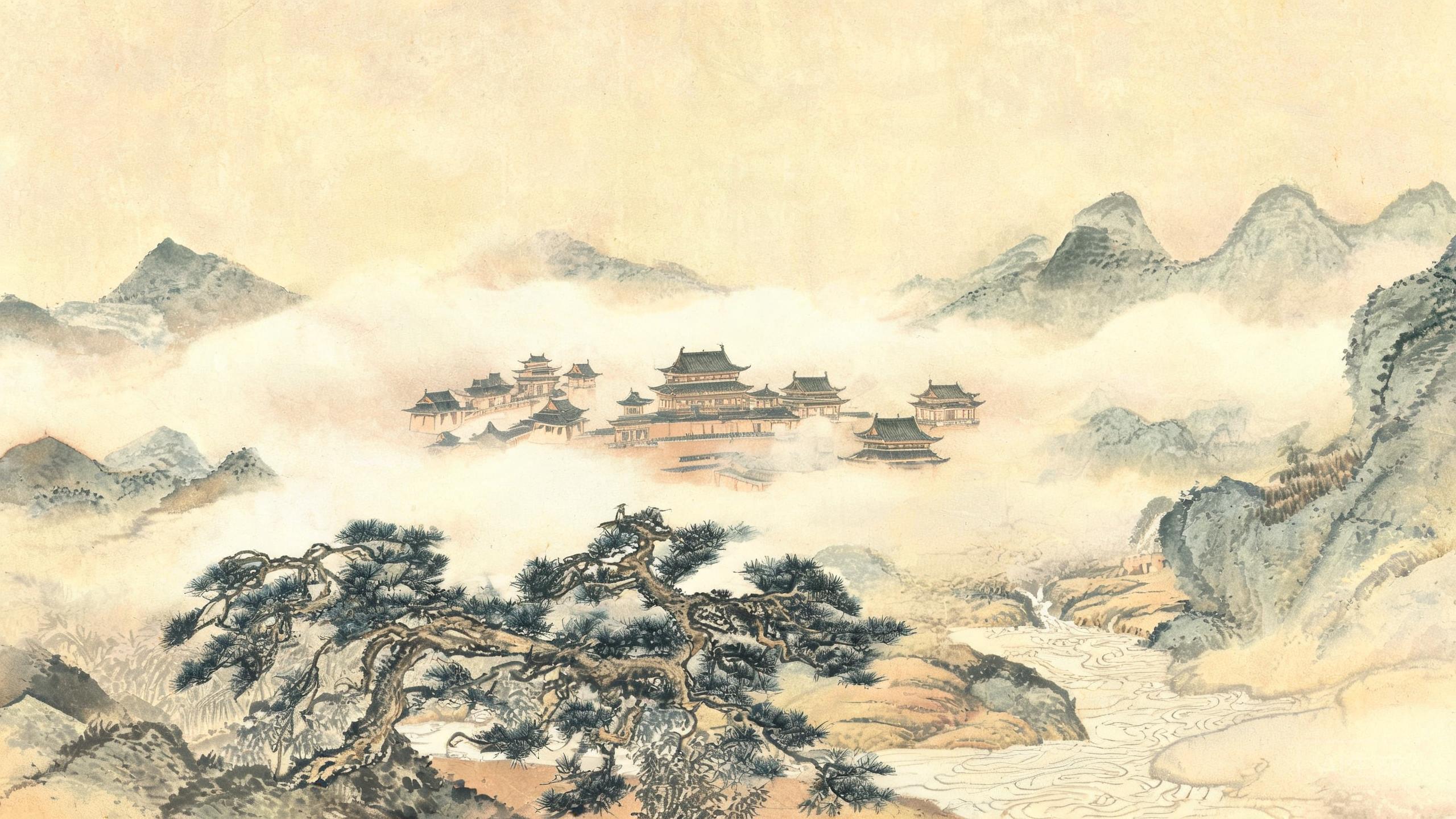 古代门阀世家府邸水墨意境